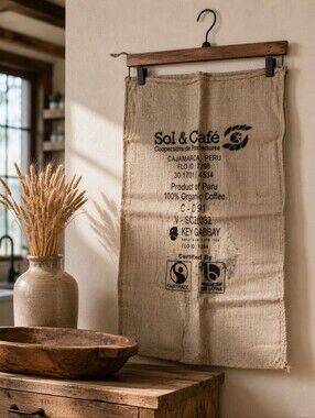 Vintage Peruvian Coffee Sack Sol & Café Burlap Jute Wall Hanging 42x28